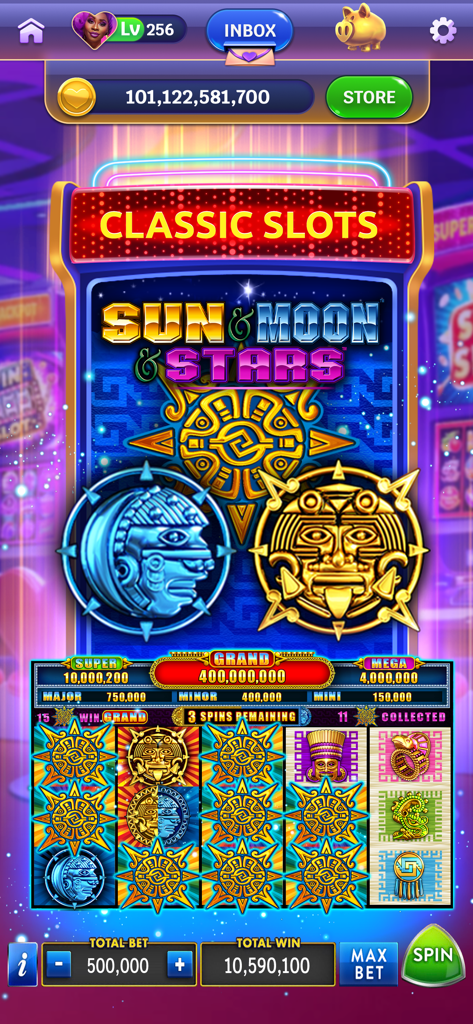 Heart of Vegas mobile app gameplay showing Sun and Moon and Stars classic slot machine with jackpots