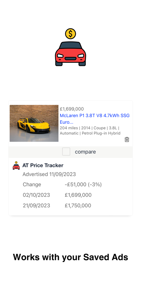 AT Price Tracker showing price history for a saved car advert