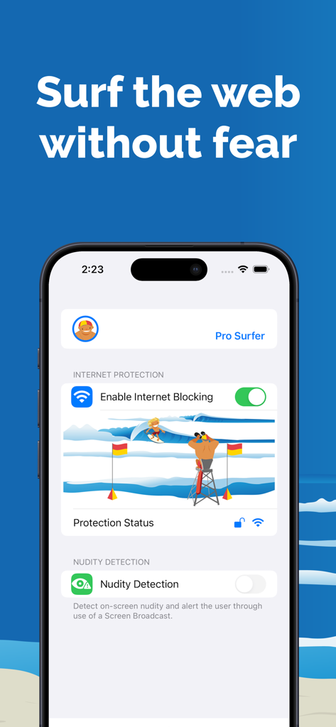 Safe Surfer - Safe Surfer app interface displaying internet protection and nudity detection settings.