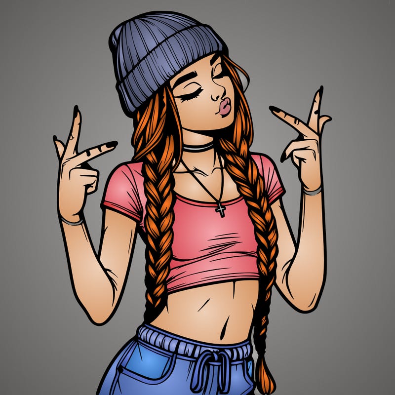 realistic teenage girl with braids and a beanie and crop top doing 🫶🏼