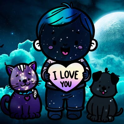 a baby holding a heart that says i love you with a cat and dog by it