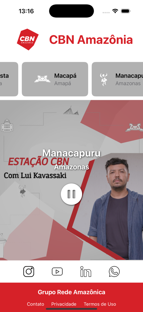 CBN Amazônia - Live radio stream interface of the CBN Amazonia app showing the current broadcast for Manacapuru with host Lui Kavassaki
