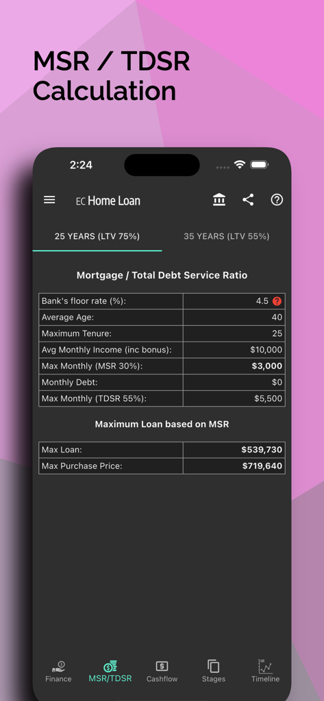 Singapore Home Loan Calculator - Singapore Home Loan Calculator app interface showing MSR and TDSR calculations for an EC home loan