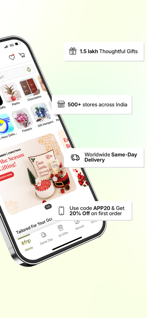 FNP mobile app interface showing various gift categories and worldwide same day delivery options