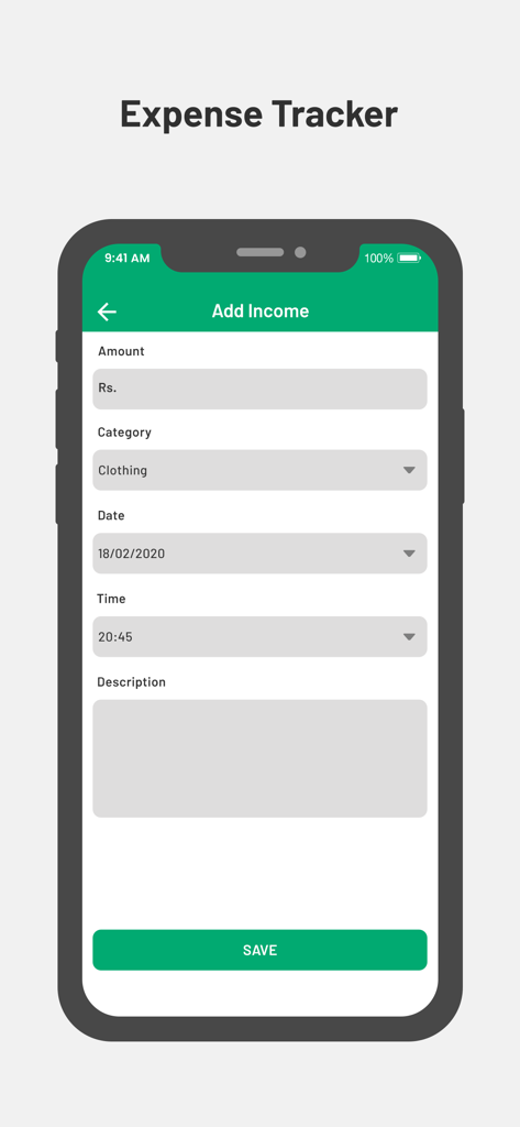Budget Planner & Tracker - Pantalla móvil que muestra el formulario de registro de ingresos manual para la aplicación Planificador y Rastreador de Presupuestos.