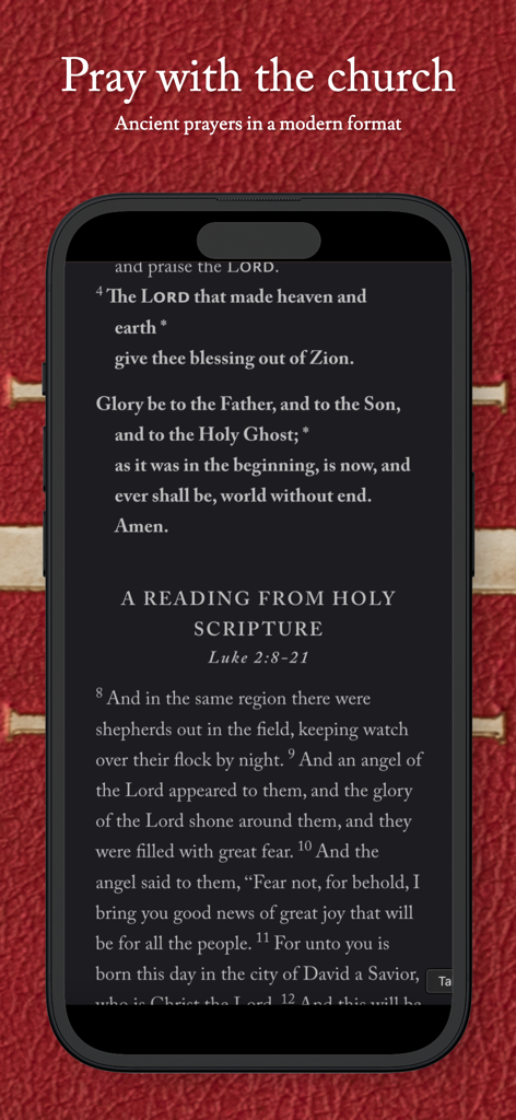 The Daily Office app showing scripture reading and traditional prayer on a smartphone