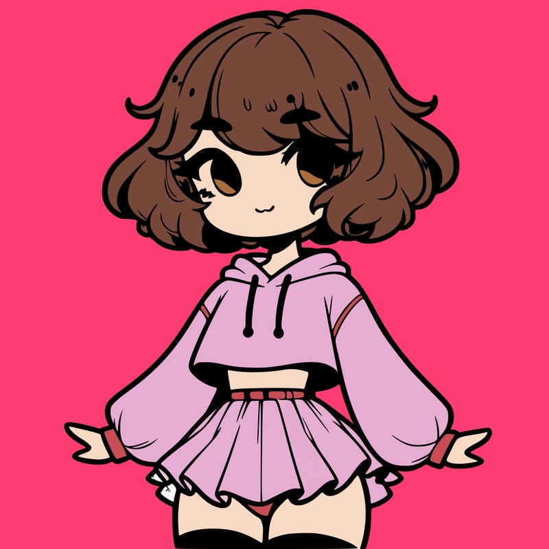 cute femboy with short, fluffy hair that softly frames their face, wearing a cropped hoodie, paired with a flouncy short skirt, and thigh-high stockings