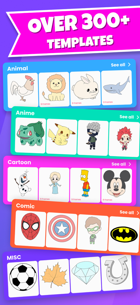 TraceArt: Learn How To Draw - Interfaz de aplicación de dibujo que muestra una biblioteca de plantillas incluyendo personajes de anime, animales y dibujos animados