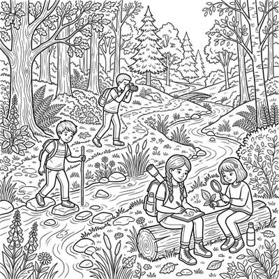 Embark on a delightful journey through nature with this enchanting coloring page, depicting children exploring a vibrant forest. Its clear outlines offer a relaxing and stimulating activity.