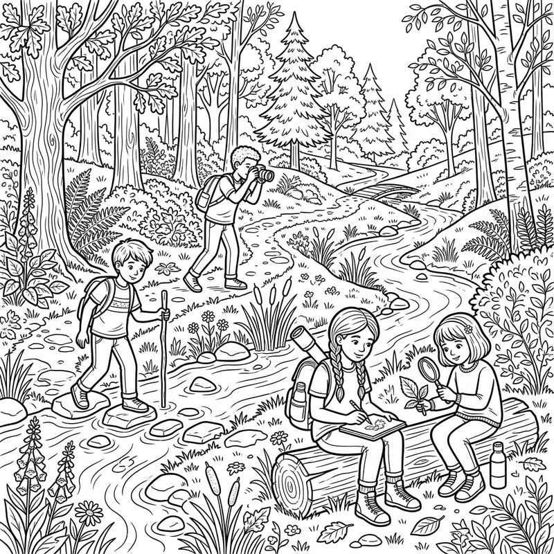 Embark on a delightful journey through nature with this enchanting coloring page, depicting children exploring a vibrant forest. Its clear outlines offer a relaxing and stimulating activity.