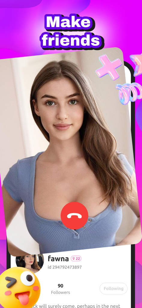 Taggo - Video Call, Happy Chat - A video call interface in the Taggo app featuring a young woman and the text Make friends