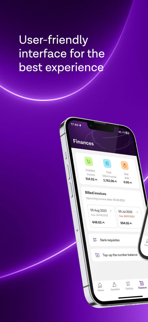 Azercell Biznes - Teléfono inteligente mostrando la pantalla de finanzas de la aplicación Azercell Biznes con totales de facturas e historial de facturación