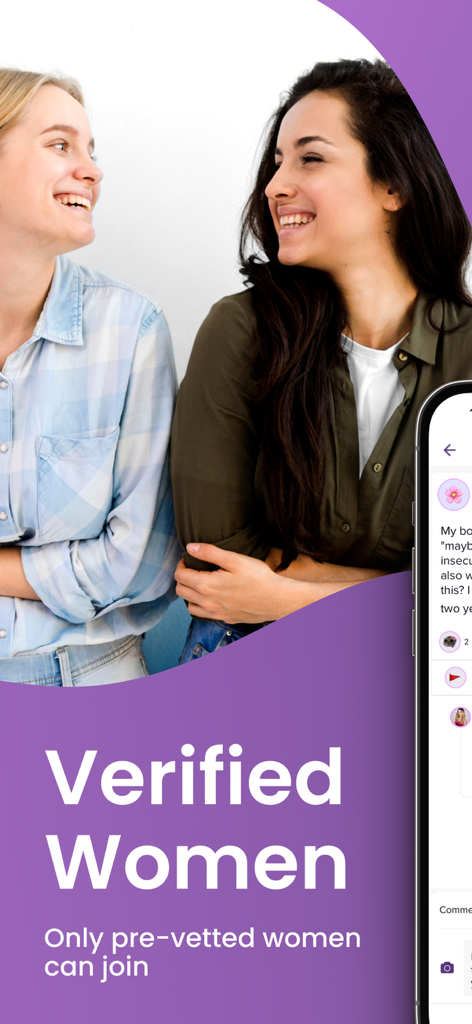 Zwei Frauen lachen zusammen, während Text erklärt, dass nur geprüfte Frauen der App beitreten können.