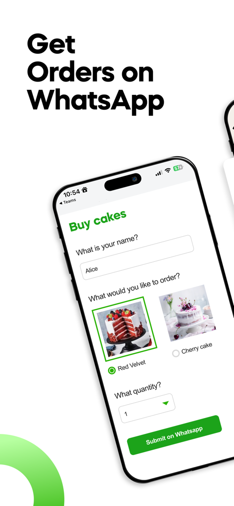 WhatsForm – Forms for WhatsApp - A mobile phone displaying a custom cake order form created with WhatsForm to be submitted on WhatsApp