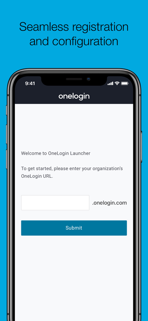 OneLogin Portal app registration screen on iPhone showing organization URL input for configuration