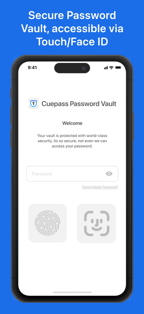 Password Manager ® - Anmeldebildschirm der Password Manager App mit Passwortfeld und biometrischen Authentifizierungsoptionen für Face ID und Touch ID.