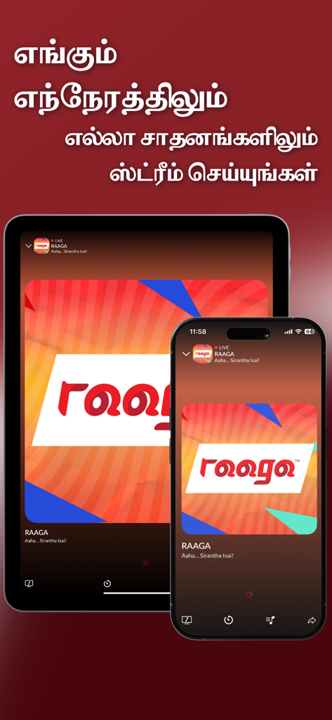 RAAGA Tamil radio app interface shown on a smartphone and tablet screen