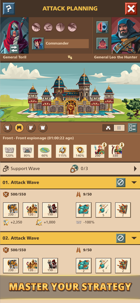 Attack planning screen in Empire Four Kingdoms showing troop waves and medieval generals.