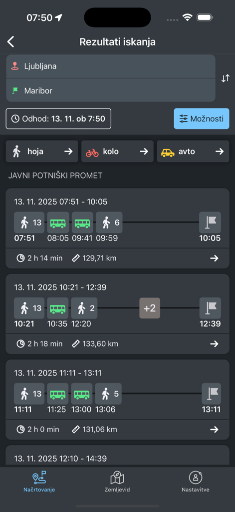 Search results for public transit routes between Ljubljana and Maribor in the SiMO app.