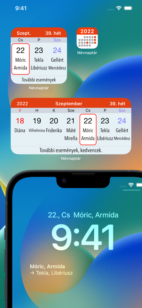 Névnaptár - Névnaptár app widgets showing Hungarian name days on an iPhone