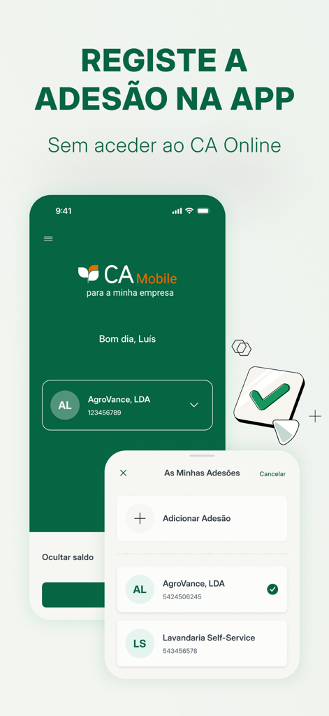 CA Mobile Empresas - Pantalla del smartphone que muestra el registro de membresía y la gestión del perfil de la empresa en la aplicación de banca empresarial CA Mobile Empresas