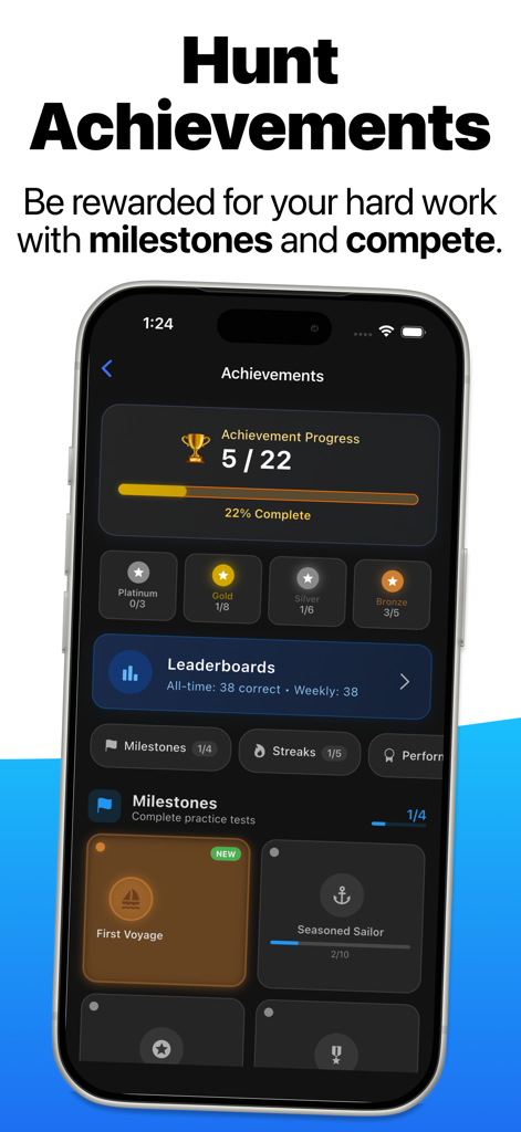 Neptune: Navigation Rules - Neptune app achievements dashboard showing progress milestones and leaderboards for maritime study