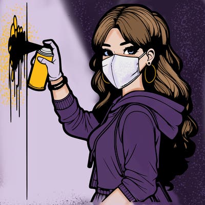 realistic girl with mask spray painting a wall