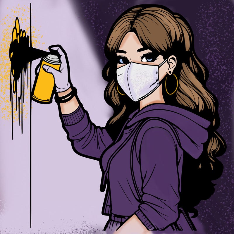 realistic girl with mask spray painting a wall