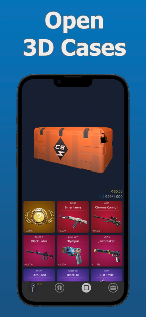 Interfaz de la aplicación móvil Cases Simulator mostrando una caja 3D y skins de CS2.