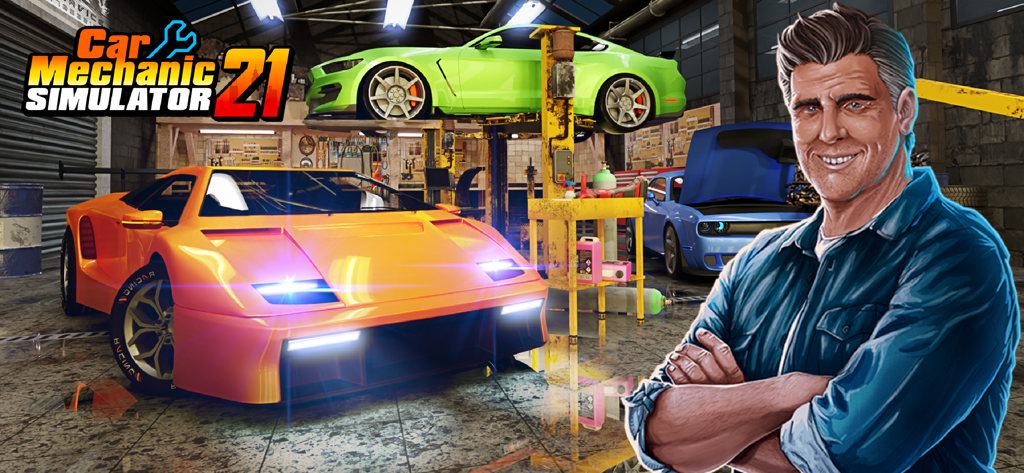 A smiling mechanic standing in an auto repair shop with multiple sports cars in Car Mechanic Simulator 21