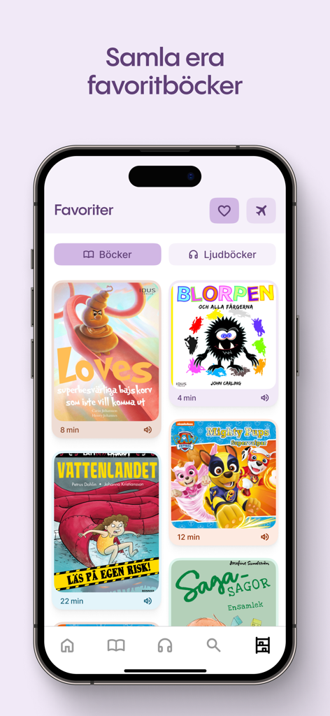 Lylli: Tusentals barnböcker - Lylli app interface showing a personalized library of favorite children books and audiobooks