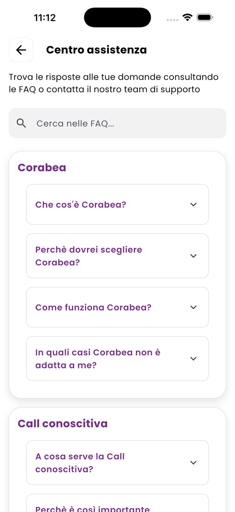 Corabea - Corabea app help center screen displaying a list of frequently asked questions about the platform and introductory calls