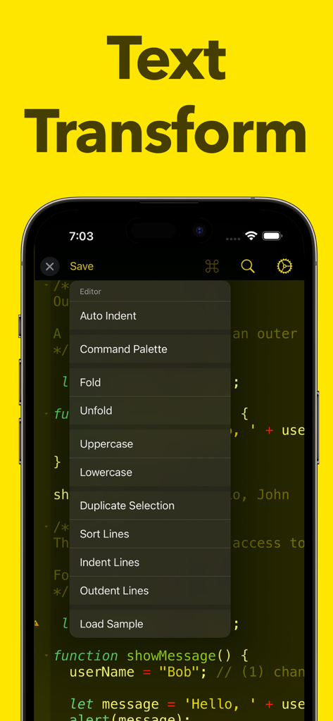 JavaScript Coding Editor IDE - Mobile JavaScript editor interface displaying a menu for text transformation and code editing tools