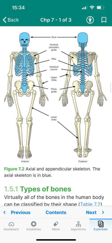 Responder Plus - Anatomical diagram of the human skeleton highlighting the axial and appendicular systems in the Responder Plus app