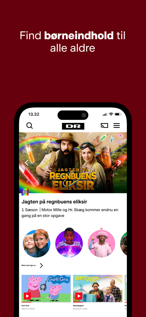 DRTV - DRTV mobile app interface showcasing Danish language children's shows and animations for various ages.