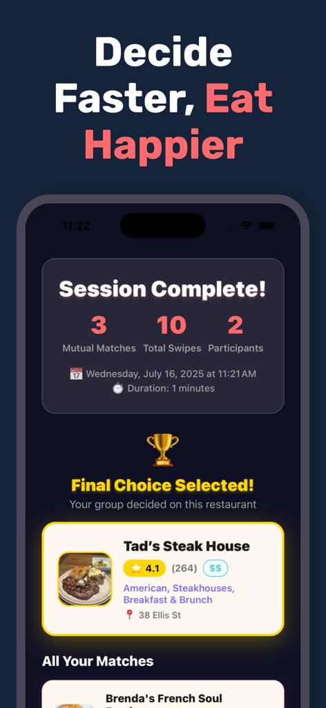 Food Swipe - Find Restaurants - A smartphone screen from the Food Swipe app showing a completed session and the final restaurant choice selected by the group.