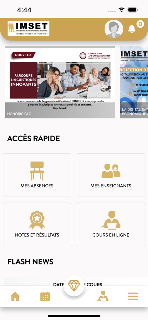 MyU By Honoris - Dashboard of the MyU By Honoris mobile app for IMSET students showing quick access to grades and online courses.