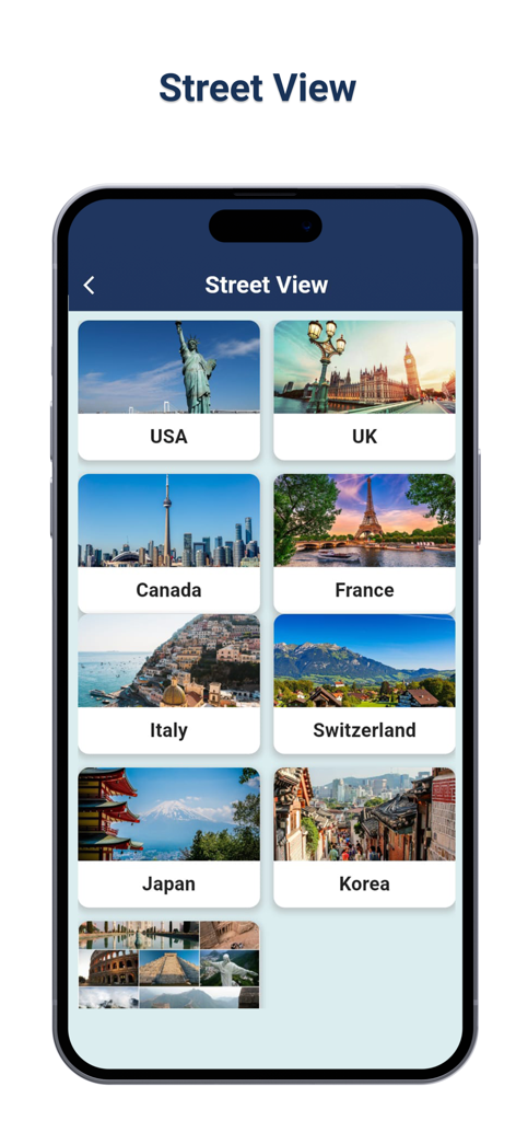 Live Aerial 3d View - Una pantalla de teléfono inteligente que muestra una lista de países para la exploración de la vista de calle dentro de la aplicación Live Aerial 3d View.