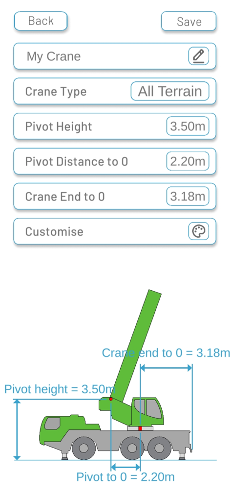 Crangle - Configuration interface in Crangle app for adjusting all-terrain crane pivot height and distance