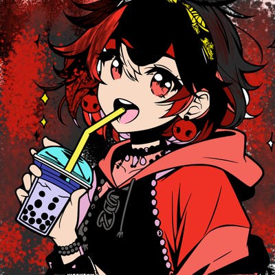 hot baddie anime girl drinking boba and biting the straw