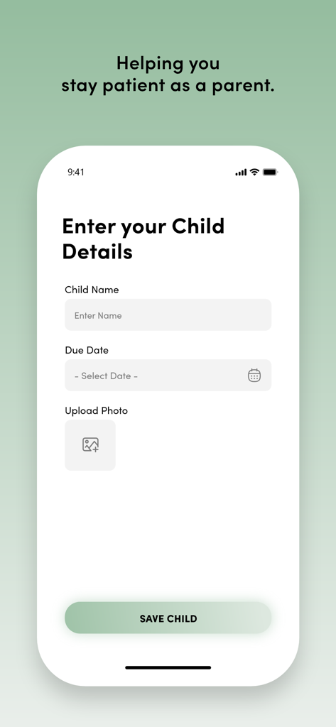 The Observant Mom - A mobile app screen for entering child details including name due date and a photo upload option with a save child button.