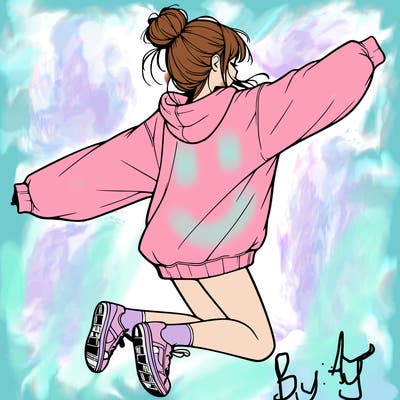 realistic girl jumping with a bun and oversized sweatshirt