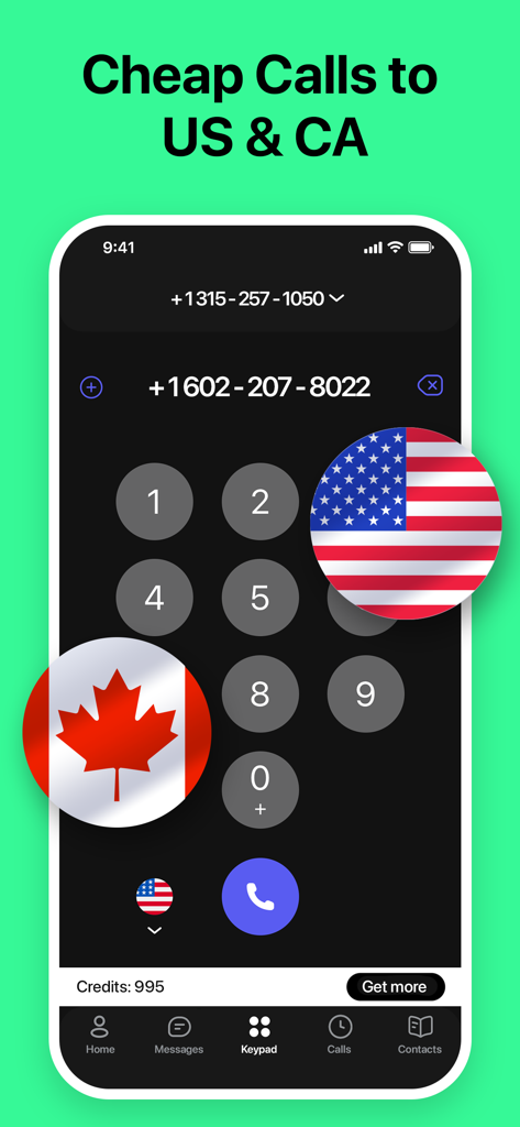Interface do aplicativo de segundo número de telefone para chamadas baratas para os EUA e Canadá