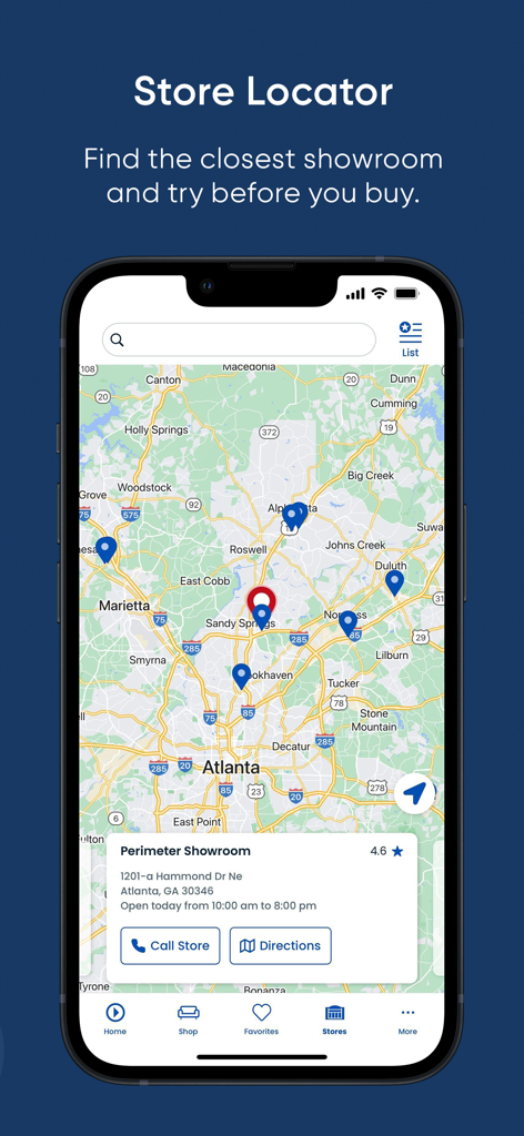 Rooms To Go - Rooms To Go app store locator showing furniture showrooms on a map of Atlanta.