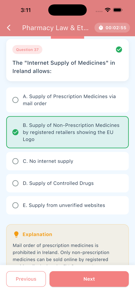 Ireland TCQR MCQ Prep - A pharmacy law and ethics multiple choice question on the Ireland TCQR MCQ Prep app screen