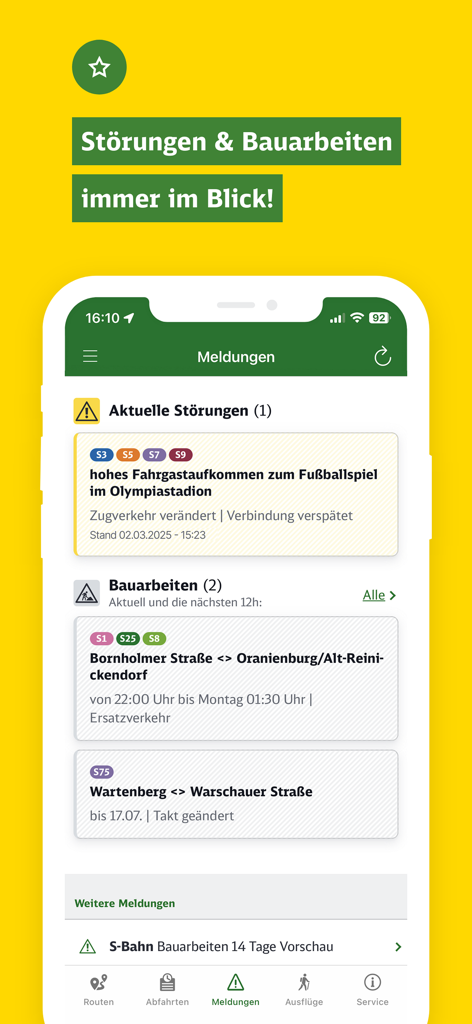S-Bahn Berlin app screen displaying real-time service disruptions and construction alerts