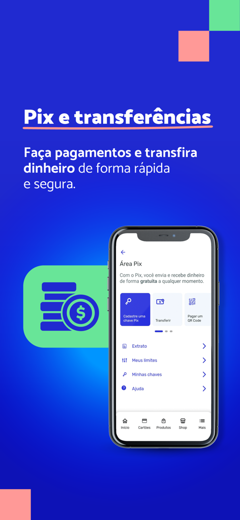 Interface mobile de l'application DM montrant les options de transfert PIX et d'argent pour les utilisateurs brésiliens.