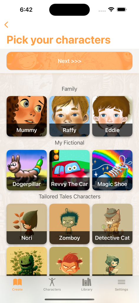 AI Stories For Kids - Interface of the AI Stories For Kids app showing a selection screen for personalized characters including family members and fictional creatures.