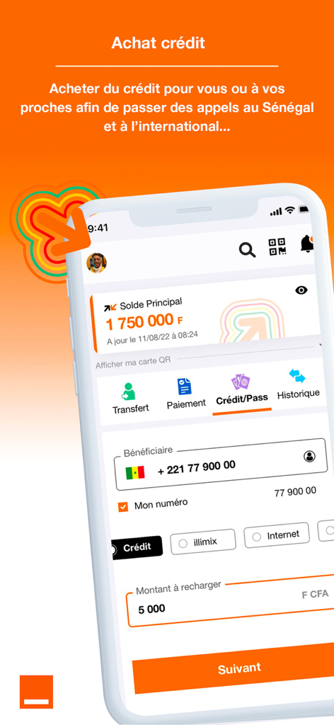 Interface for purchasing mobile credit in the Orange Money Senegal app