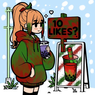 girl with oversized hoodie drinking boba and she has a high ponytail with a sign that says 10likes?